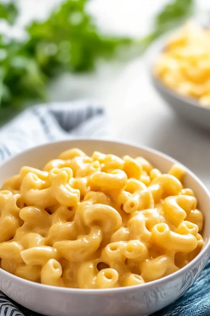 A hearty portion of mac and cheese with a smooth, rich sauce glistening under soft natural light.