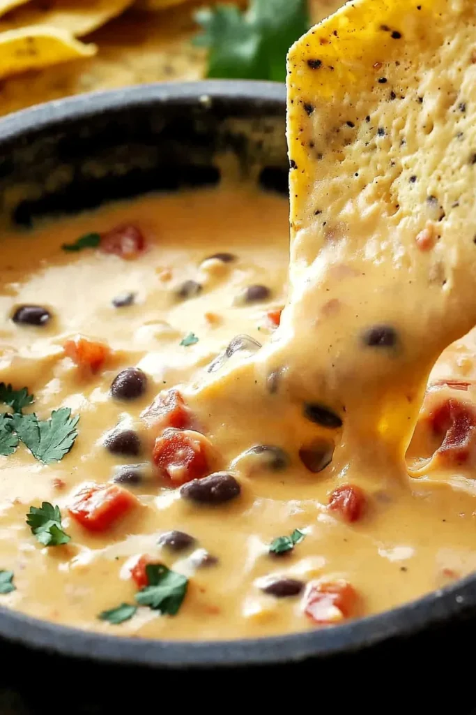 A tortilla chip dipped into creamy cheese loaded with beans and tomatoes.