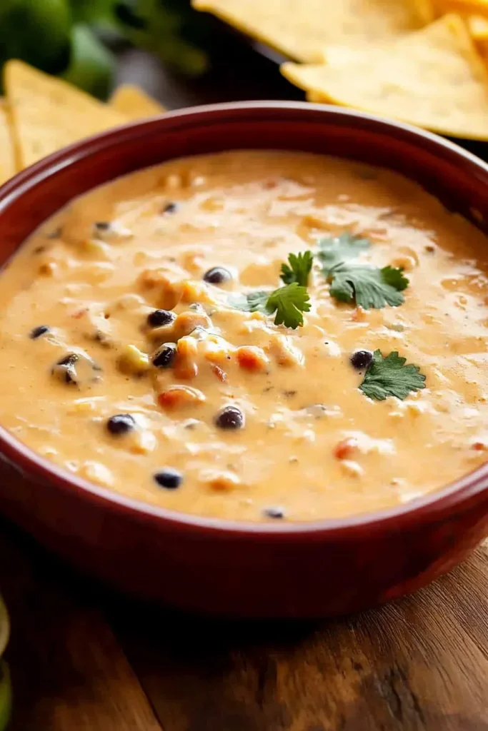 A rustic wooden bowl filled with creamy cheese dip, topped with cilantro and surrounded by tortilla chips.