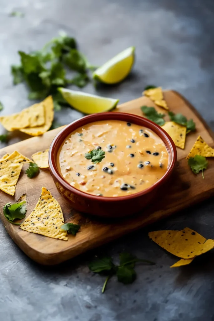 Golden, bubbling cheese dip garnished with fresh herbs, ready to enjoy with chips.