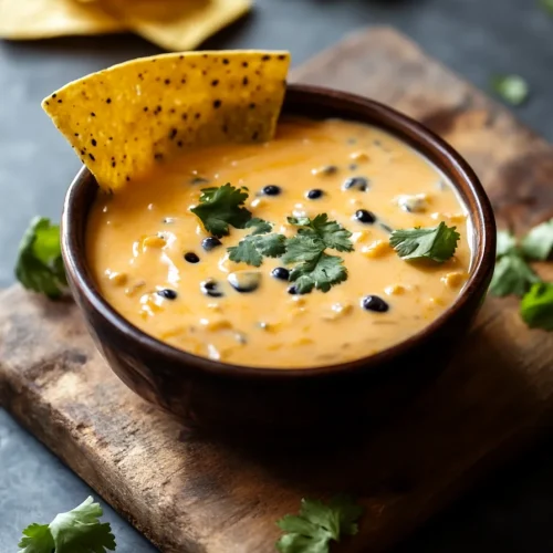 Rich, golden queso topped with herbs, ready for snacking.