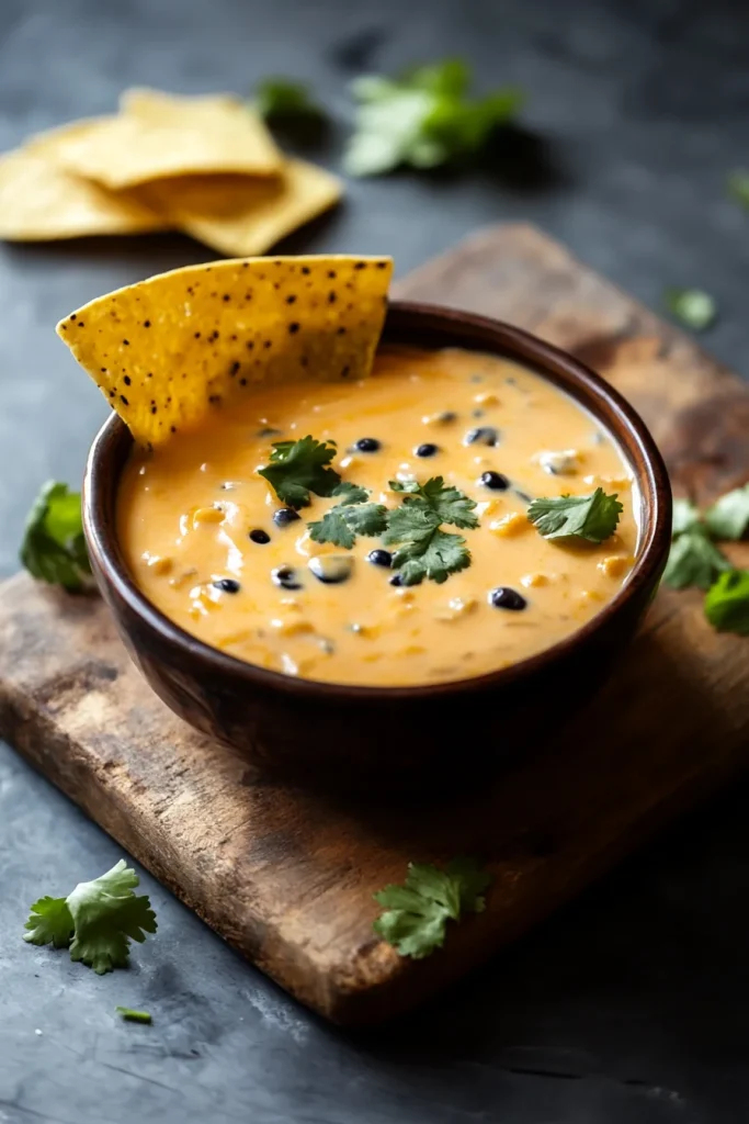 Rich, golden queso topped with herbs, ready for snacking.