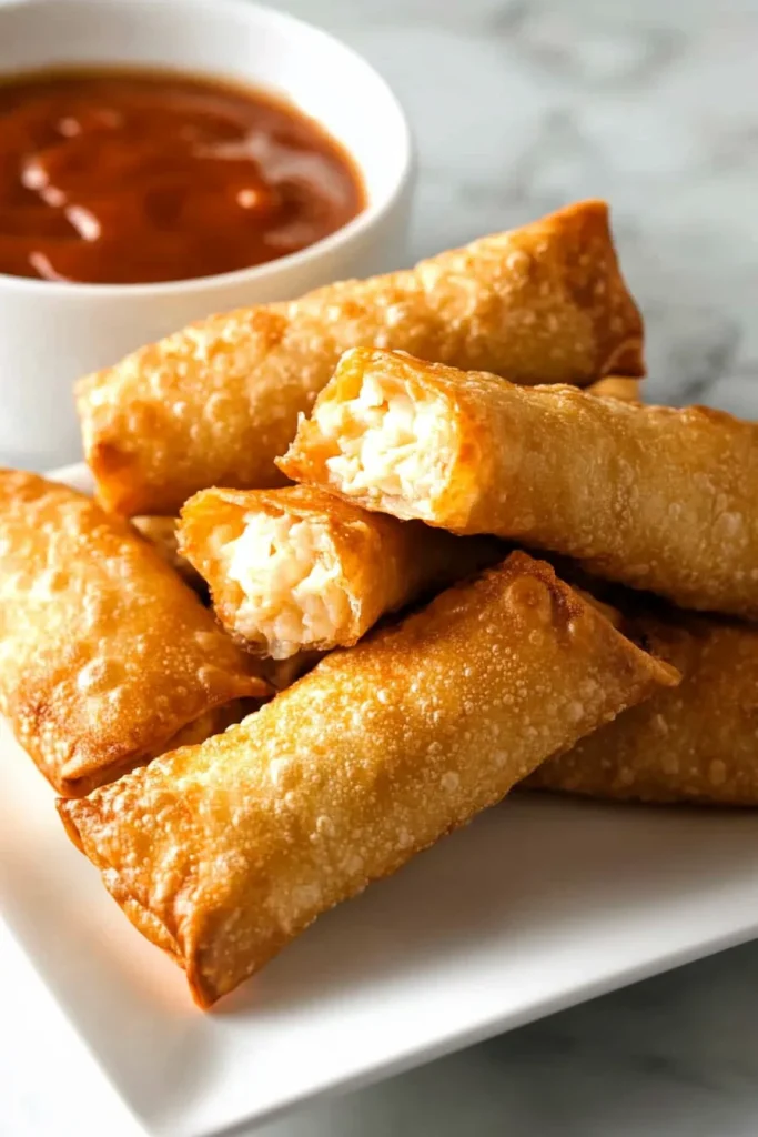 Egg rolls arranged neatly with one broken open to reveal the savory interior.