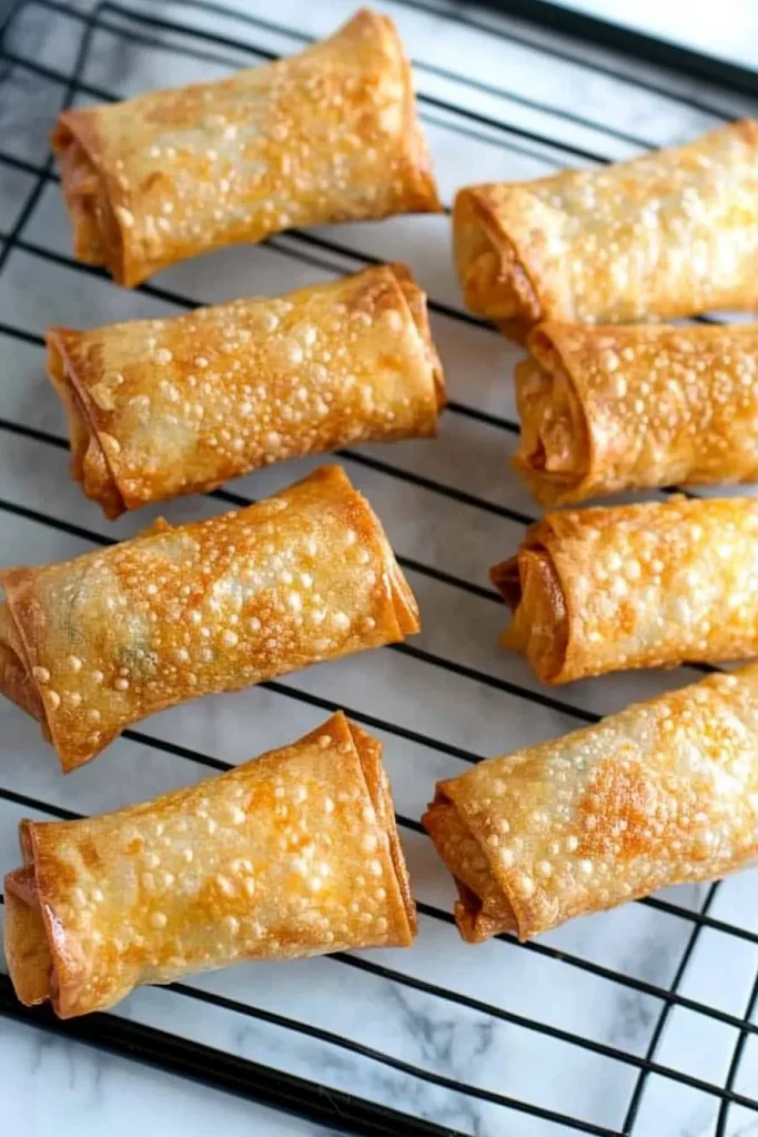 Freshly fried egg rolls cooling on a black rack, showing their crisp golden texture.