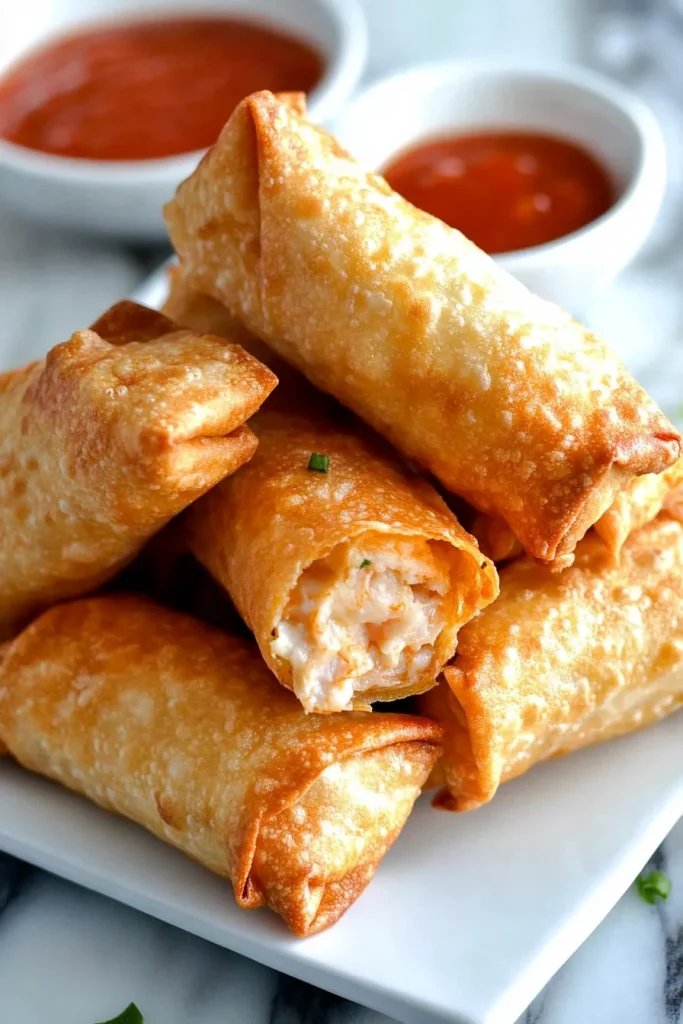 Plate of freshly fried egg rolls paired with red sweetโandโsour dipping sauce.