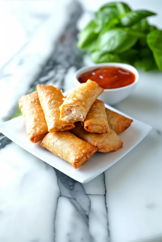 Golden, crispy egg rolls stacked on a white plate with dipping sauce bowls in the background.