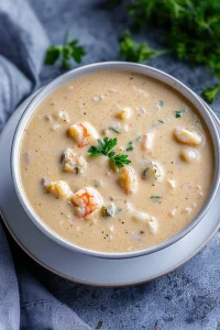 Creamy seafood soup in a bowl topped with fresh parsley.