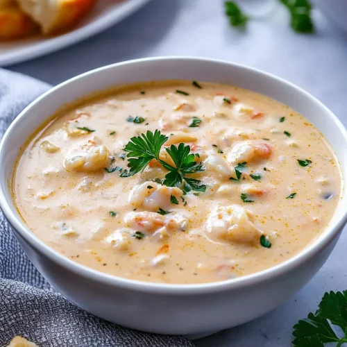 Warm chowder served with bread rolls in the background.