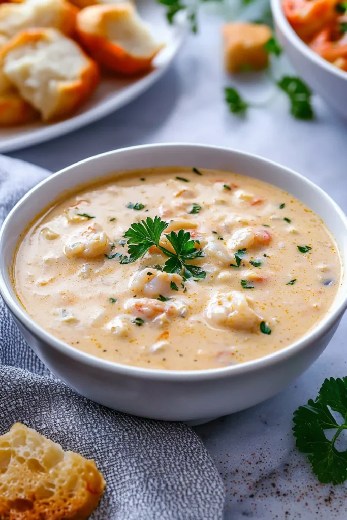 Warm chowder served with bread rolls in the background.