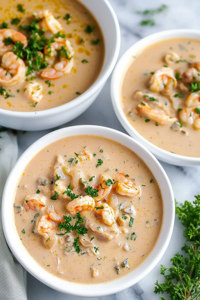 Thick, golden soup highlighting seafood pieces and herbs.