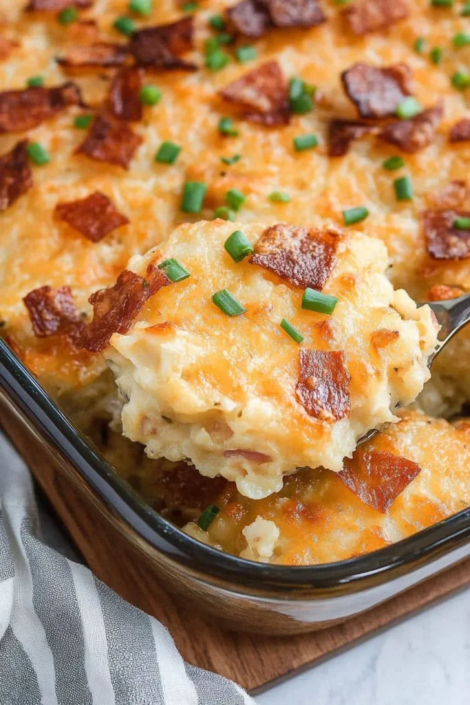 Bubbly potato casserole with golden cheese crust and crispy bacon topping.