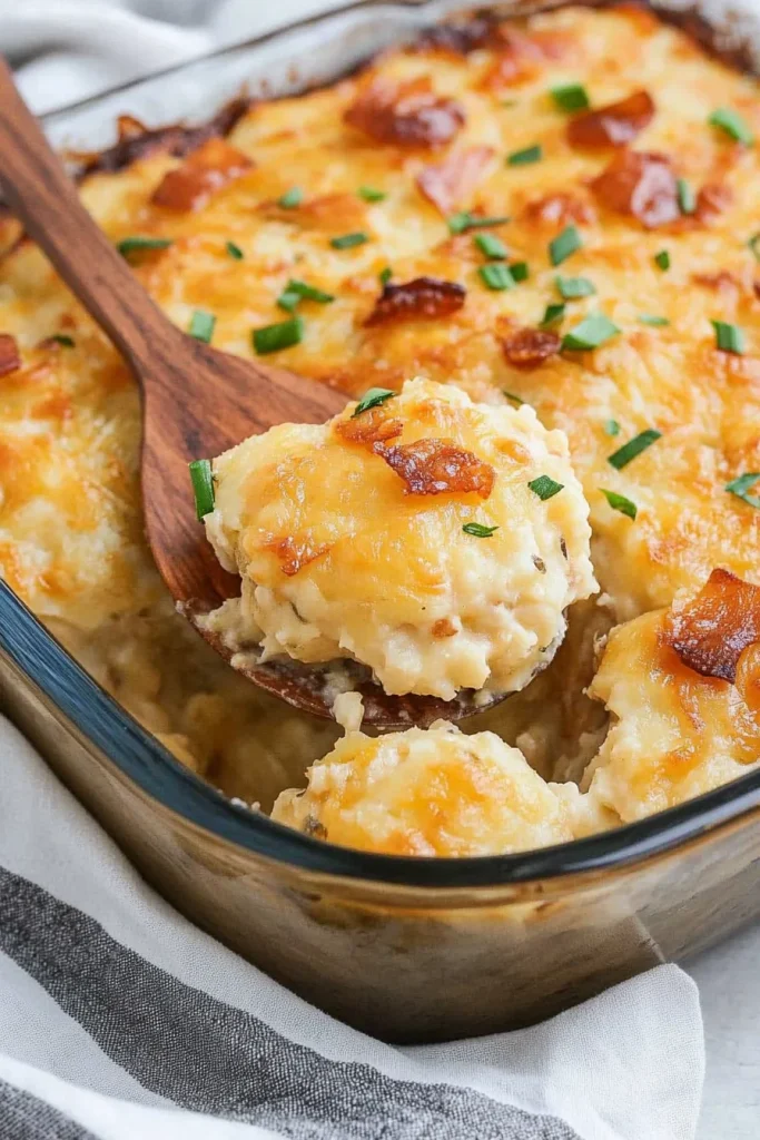 Comforting casserole showing gooey interior and crisp surface.