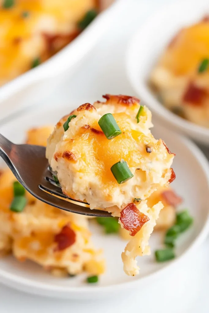 Homemade potato dish with bubbling cheese and scattered bacon pieces.