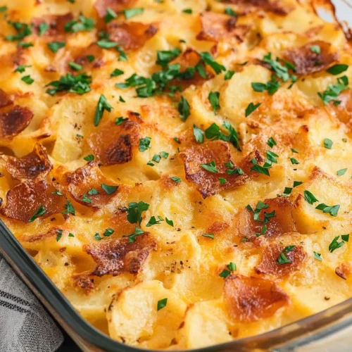 Freshly baked layered potatoes in a glass dish, garnished with parsley.
