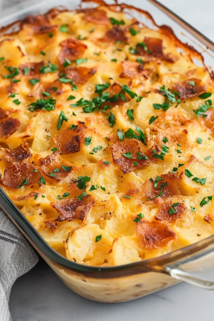 Freshly baked layered potatoes in a glass dish, garnished with parsley.