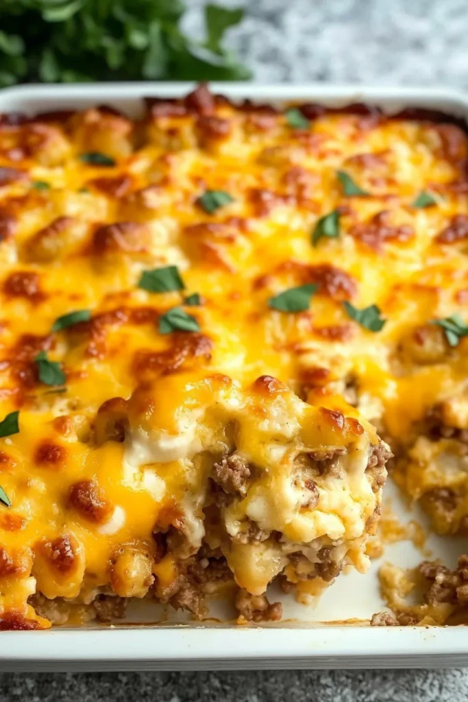 Freshly baked potato and cheese casserole with browned edges.