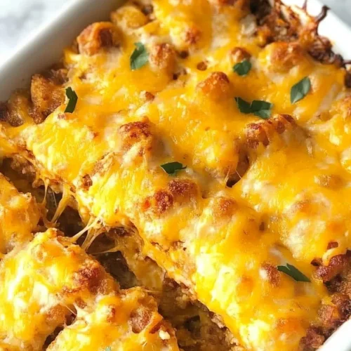 White dish filled with cheesy casserole showing gooey interior layers.