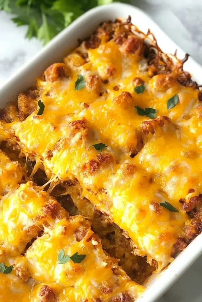 White dish filled with cheesy casserole showing gooey interior layers.