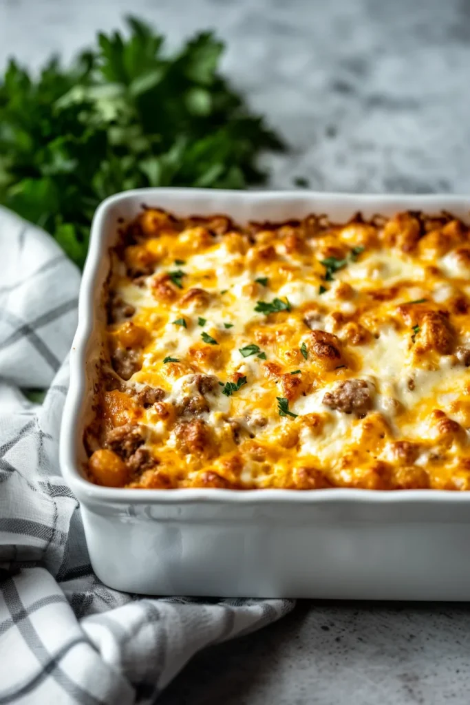 Golden casserole topped with melted cheese and crisp tater tots.