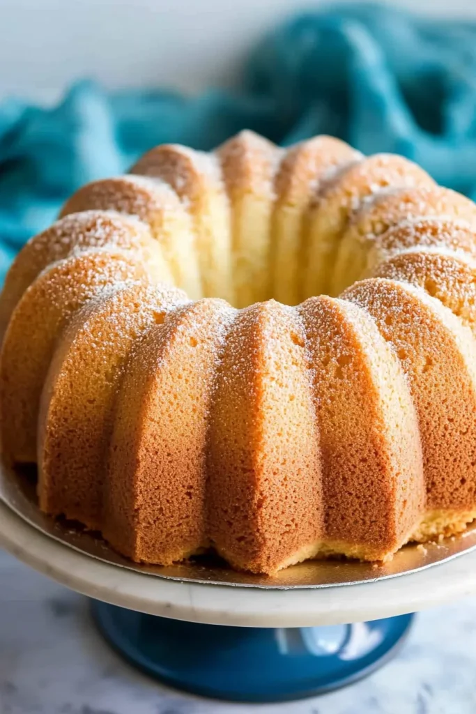 Golden Bundtโstyle pound cake dusted lightly with powdered sugar, displayed on a cake stand.