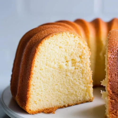 Closeโup of moist pound cake with fluted edges, highlighting its rich texture and even baking.