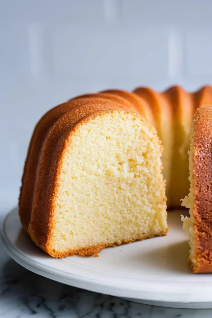 Closeโup of moist pound cake with fluted edges, highlighting its rich texture and even baking.