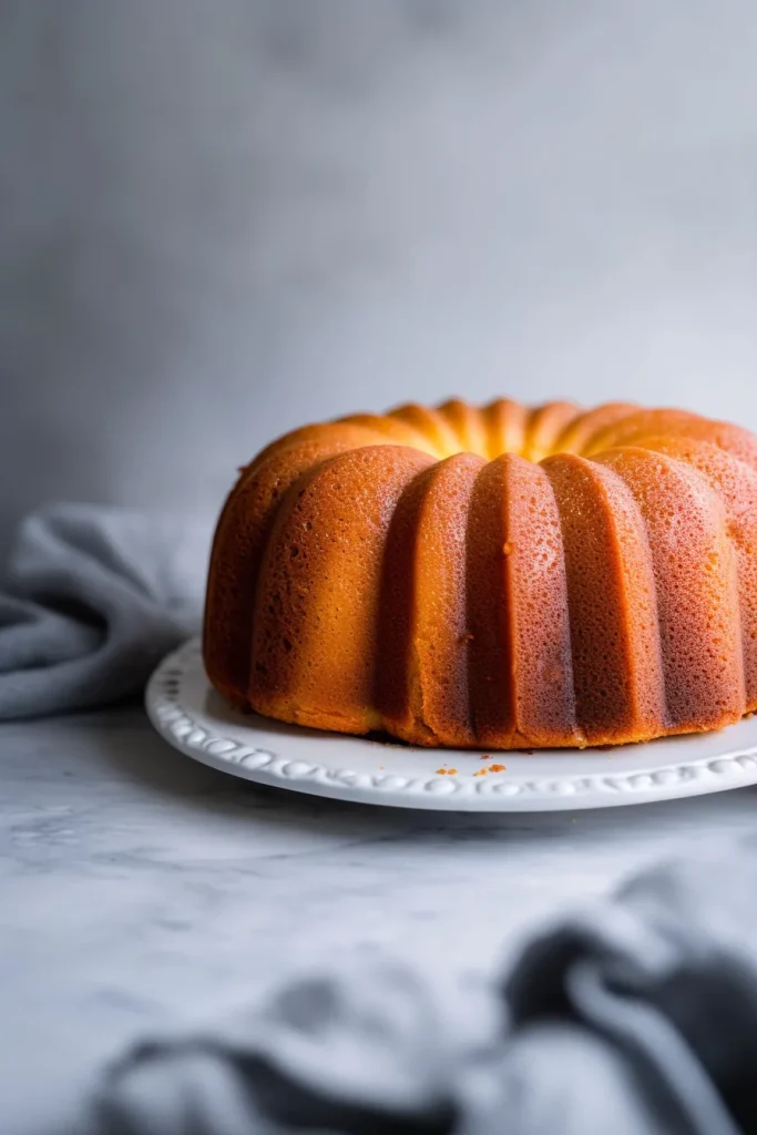 Ringโshaped cake presented against a soft background, showing the warm golden crust.