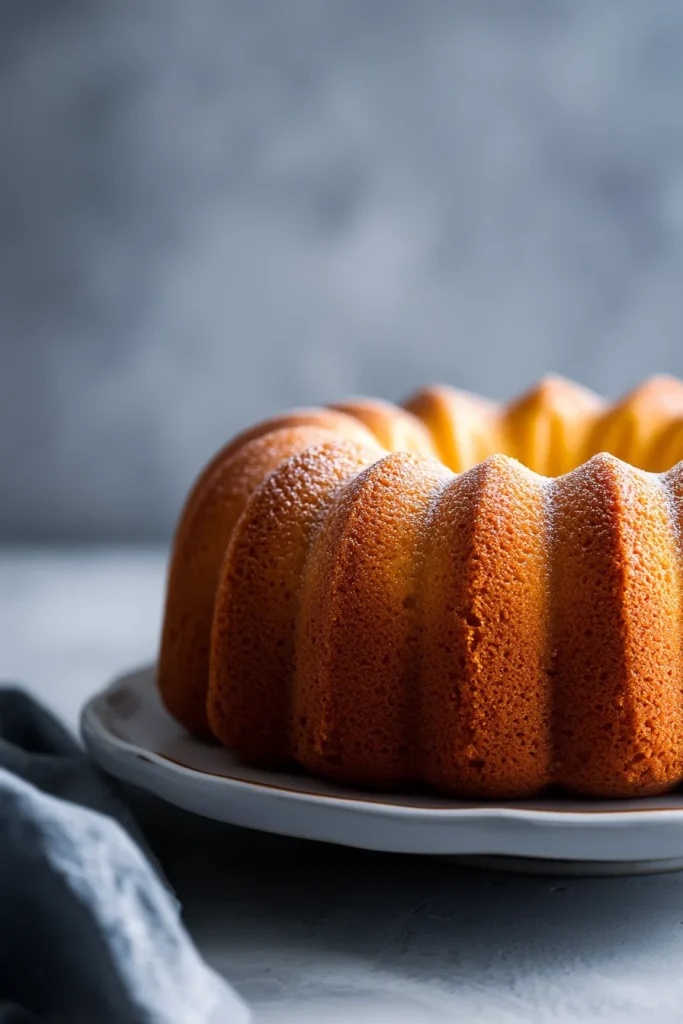 Freshly baked Bundt cake with delicate sugar topping, styled simply for a homestyle look.