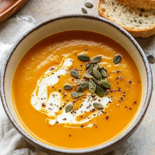Rustic bread slices beside a bowl of golden soup on a cloth backdrop.