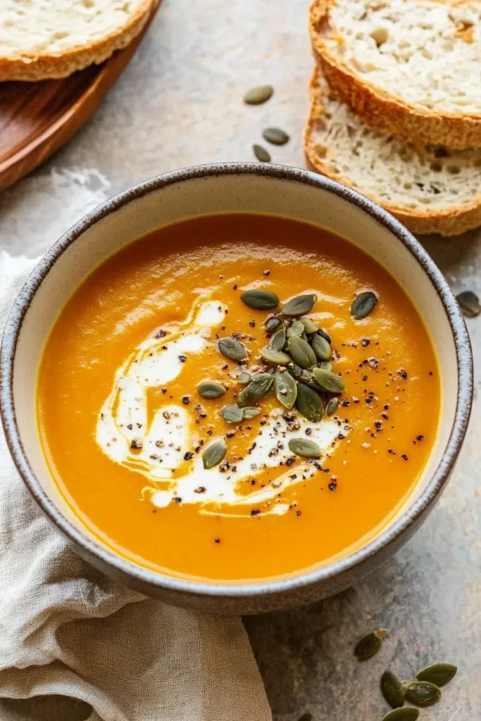 Rustic bread slices beside a bowl of golden soup on a cloth backdrop.
