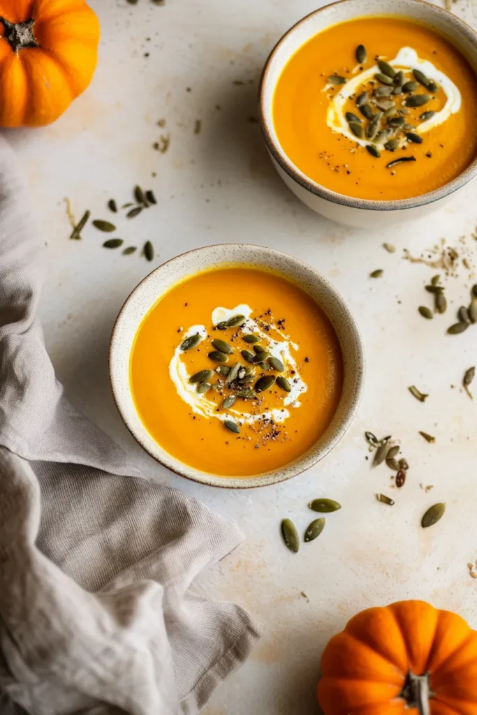 Inviting bowl of velvety soup, styled with simple autumn-inspired garnishes.