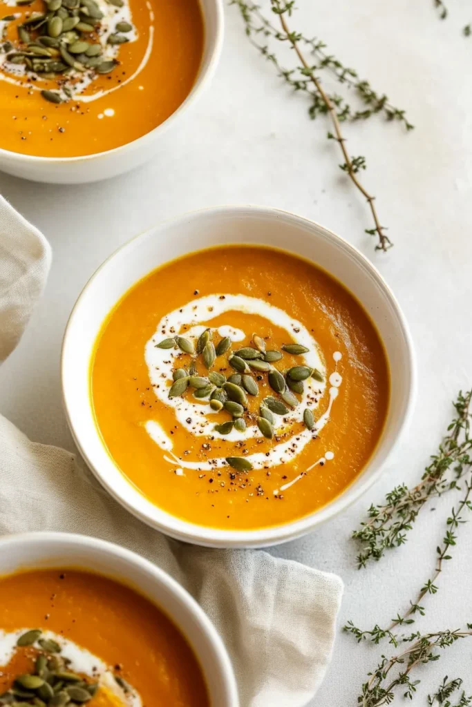 Warm orange soup in a bowl, topped with cream swirl and pumpkin seeds.