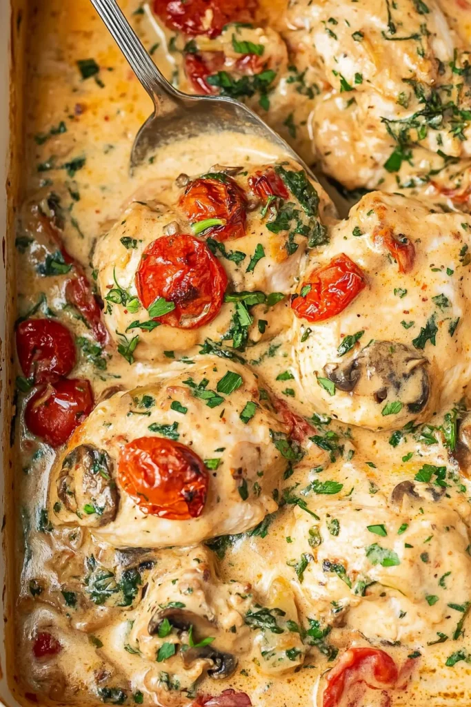 Golden baked chicken in creamy sauce with spinach and tomatoes.
