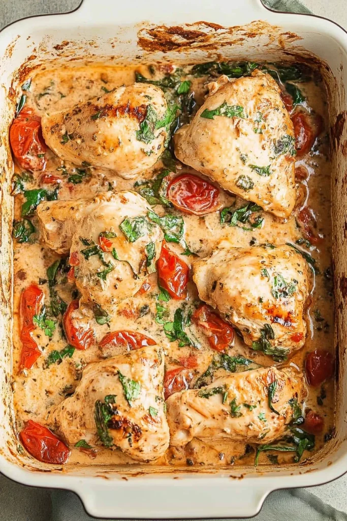 Baking dish filled with chicken, herbs, and cherry tomatoes.