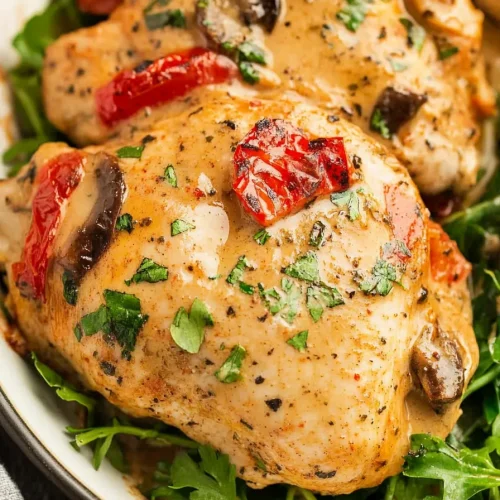 Savory baked chicken in a white dish, garnished with herbs.