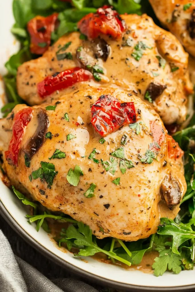 Savory baked chicken in a white dish, garnished with herbs.