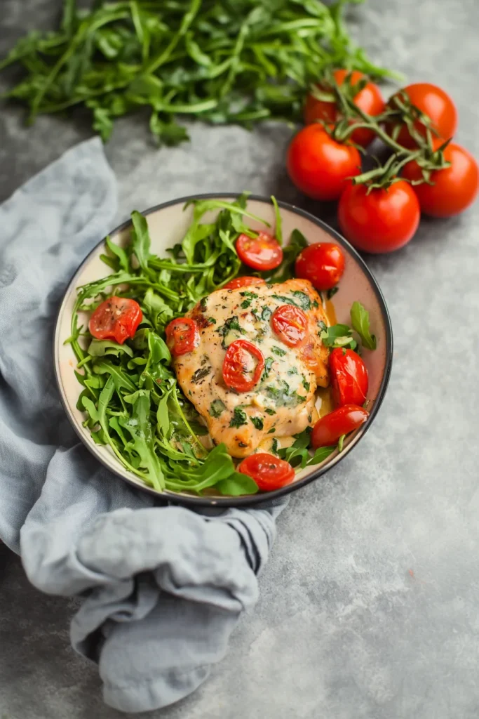 Creamy chicken topped with fresh greens and browned edges.