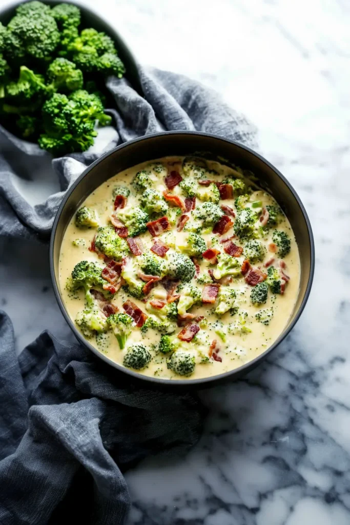 Comforting homemade broccoli and bacon soup served in a rustic bowl with fresh herbs nearby.