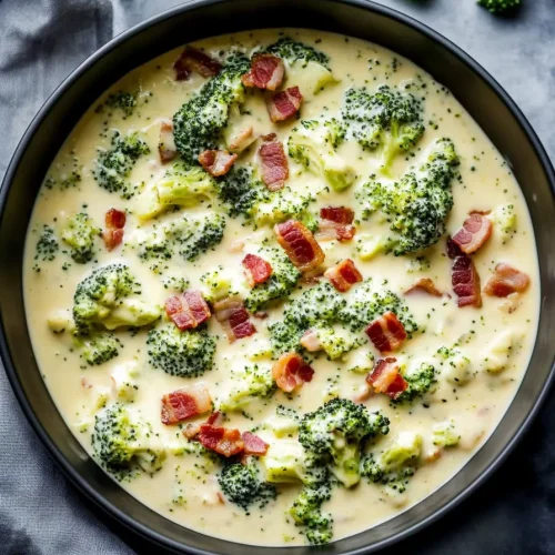 Rich, velvety soup base with chunks of broccoli and savory bacon crumbles for texture.