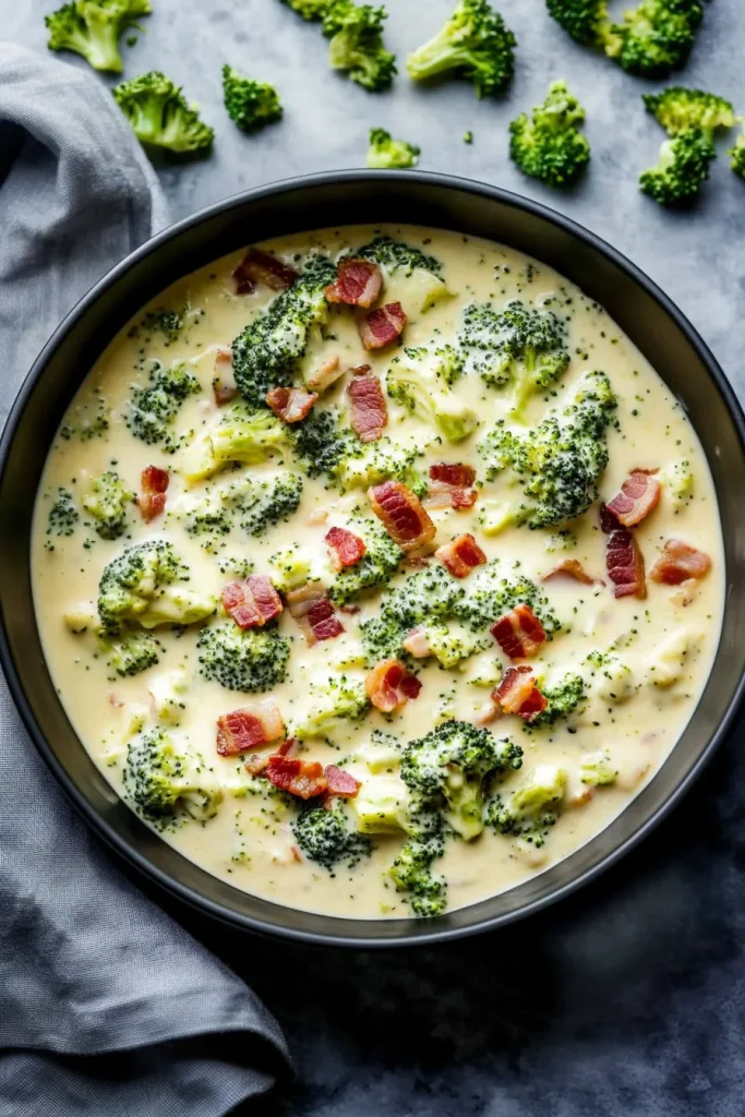 Rich, velvety soup base with chunks of broccoli and savory bacon crumbles for texture.
