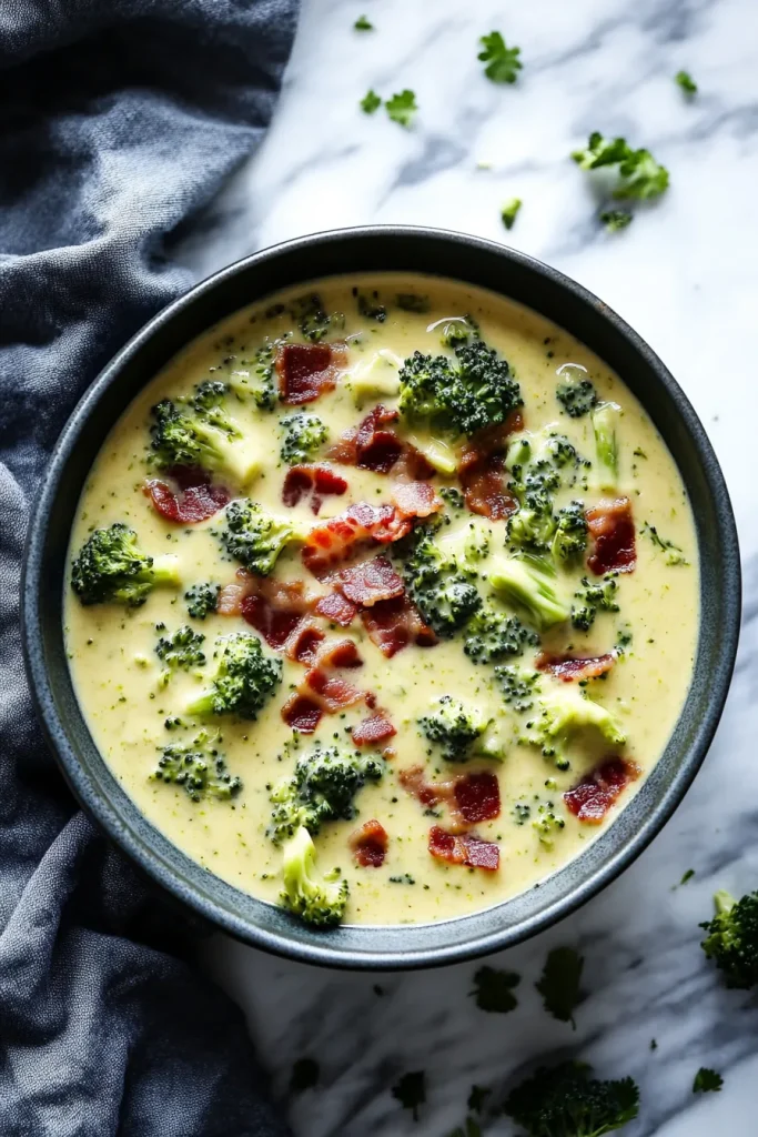 A warm bowl of creamy soup with broccoli florets and crispy bacon pieces on top.
