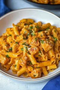 Rigatoni coated in a rich orange cream sauce with chunks of chorizo and chicken.