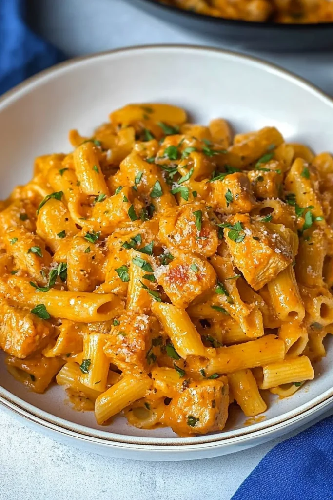 Rigatoni coated in a rich orange cream sauce with chunks of chorizo and chicken.
