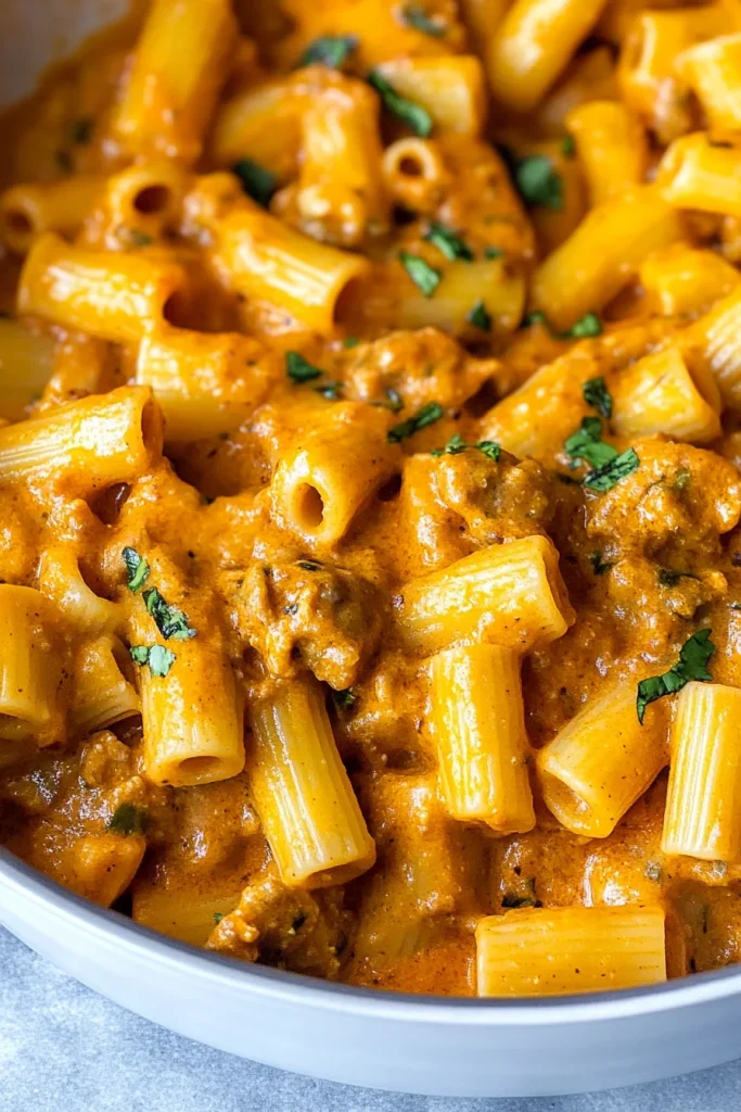 Warm pasta dish with a smooth sauce and herb garnish.