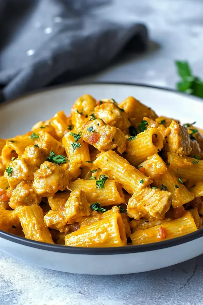 Creamy chorizo pasta served in a white bowl, ready to eat.
