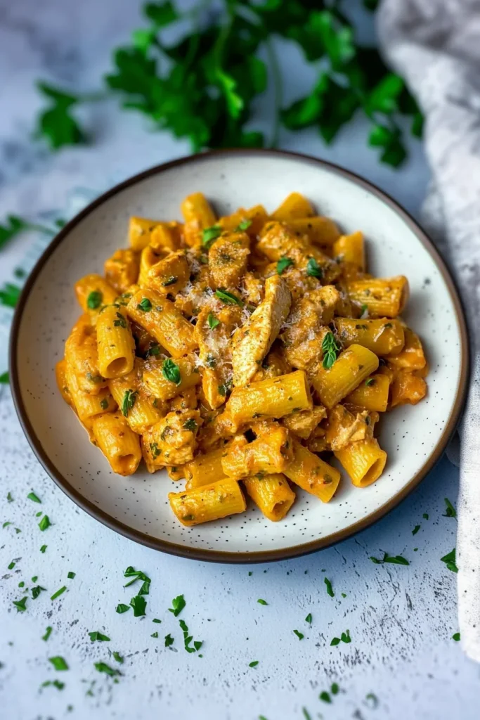 Hearty bowl of pasta in tomato cream sauce with visible chorizo pieces.