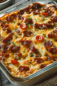 Baked casserole topped with golden melted cheese, diced tomatoes, and herbs.