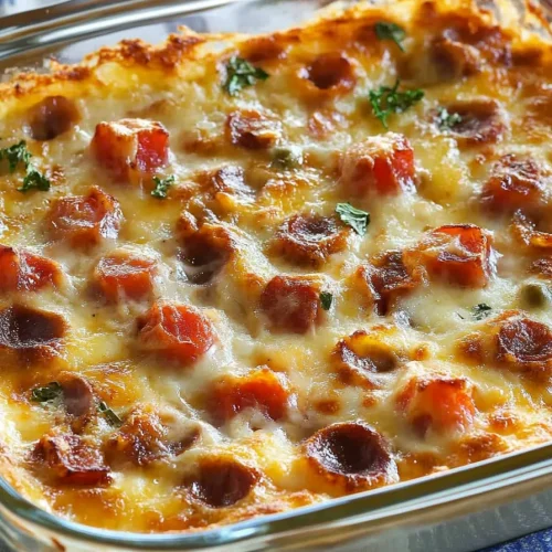 Glass dish of hot dip garnished with fresh parsley and tomato pieces.