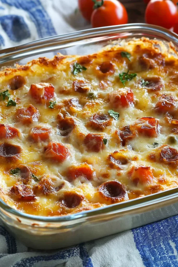 Glass dish of hot dip garnished with fresh parsley and tomato pieces.