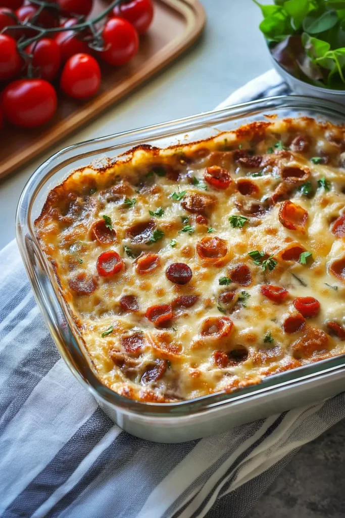 Final shot of Kentucky Hot Brown dip with bubbling cheese and sausage pieces.